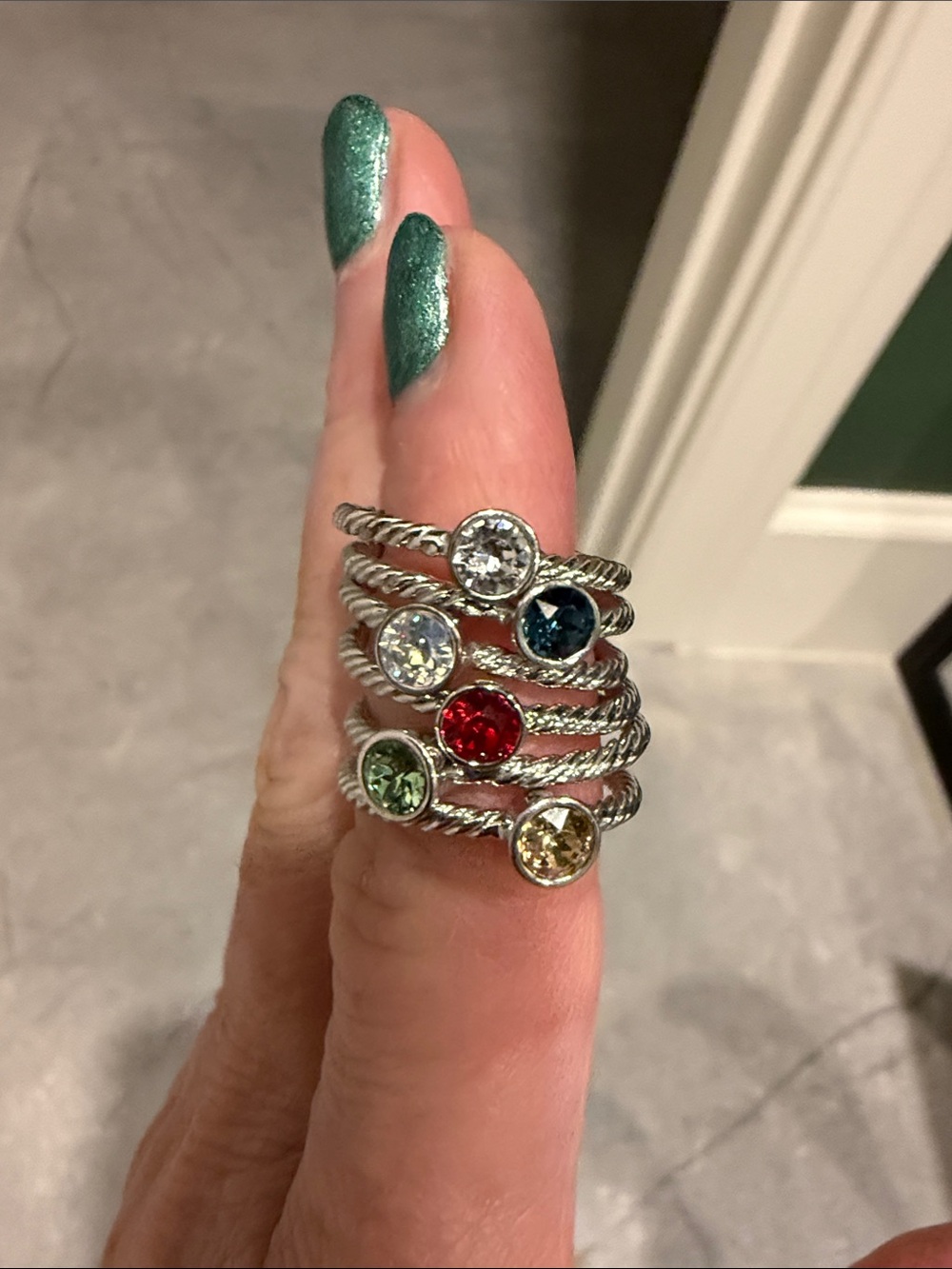Touchstone Crystal Multi-Color Twisted Silver Stackable Rings